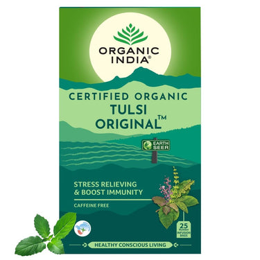 A TATA Product - Organic India Tulsi Original - 25 Tea Bags, Caffeine-Free Herbal Tea with Tulsi, Natural Detoxifier, Rich in Antioxidants, Convenient Staple-Free Bag